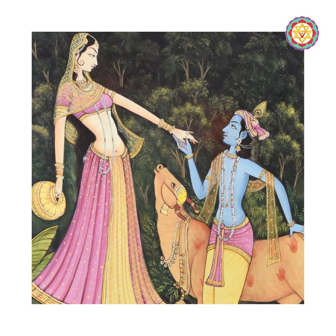 Detail of Krishna holding Radha’s hand in the forest, hand-painted pichwai art.
