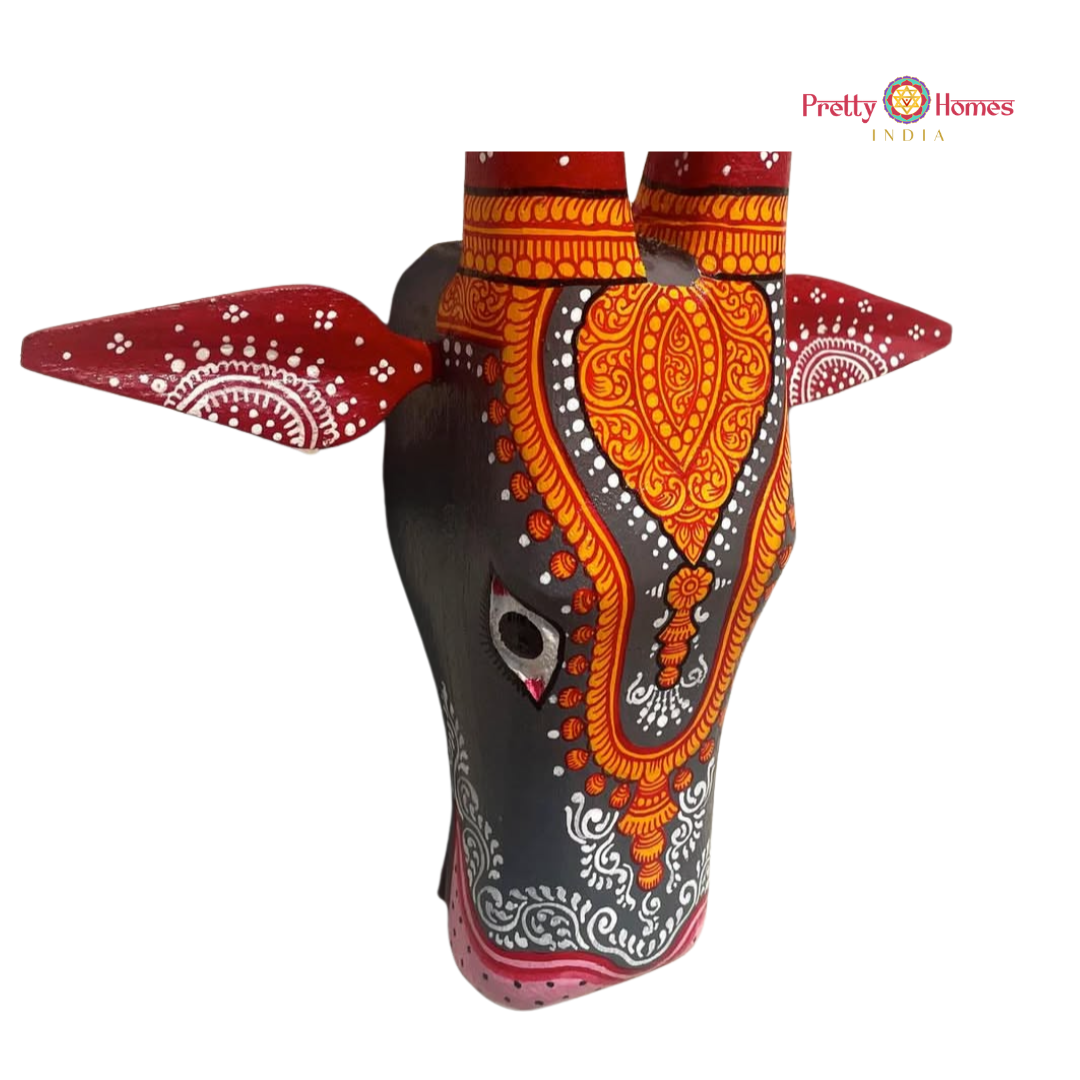 Orange & Red Hand-Painted Cow Head with Geometric Designs