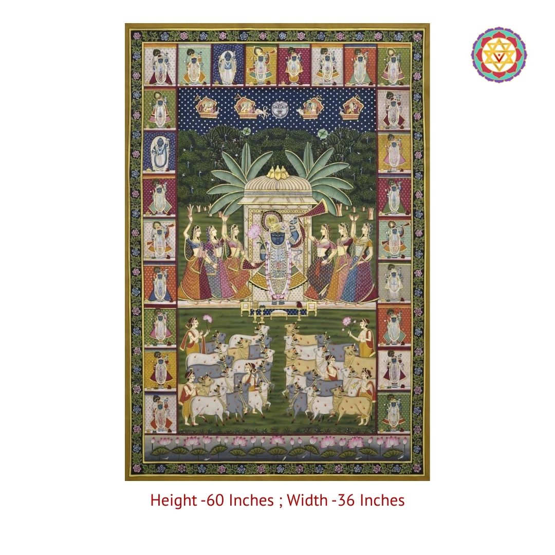 blue shrinathji pichwai festive panel detailed corner view