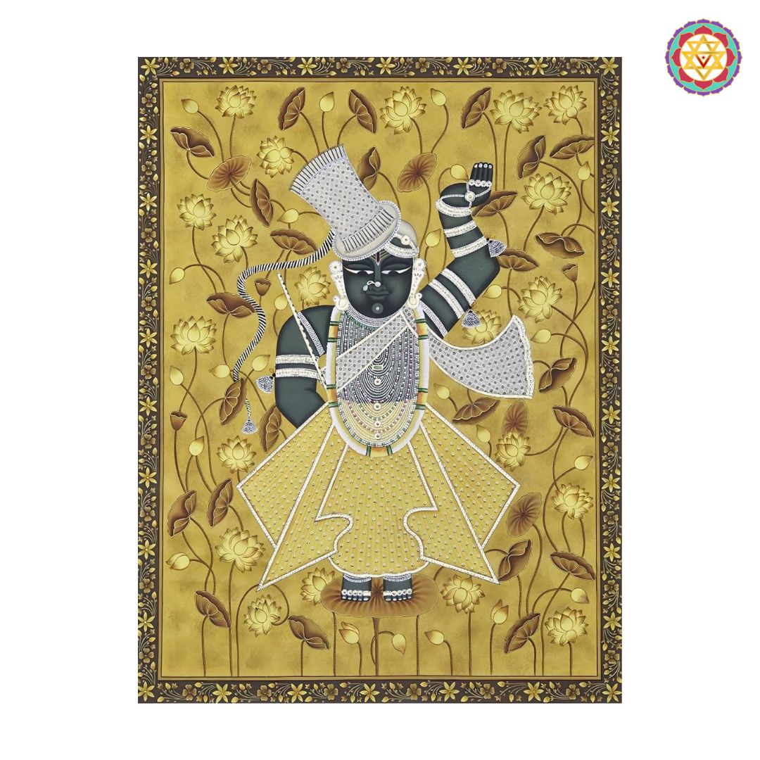 Detailed view of Shrinathji pichwai painting with lotus pond scene