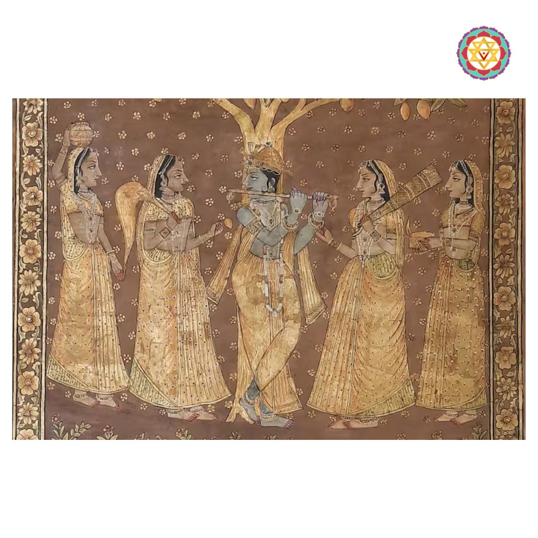 Handpainted Vintage-Style Pichwai – Flute Krishna with Gopikas