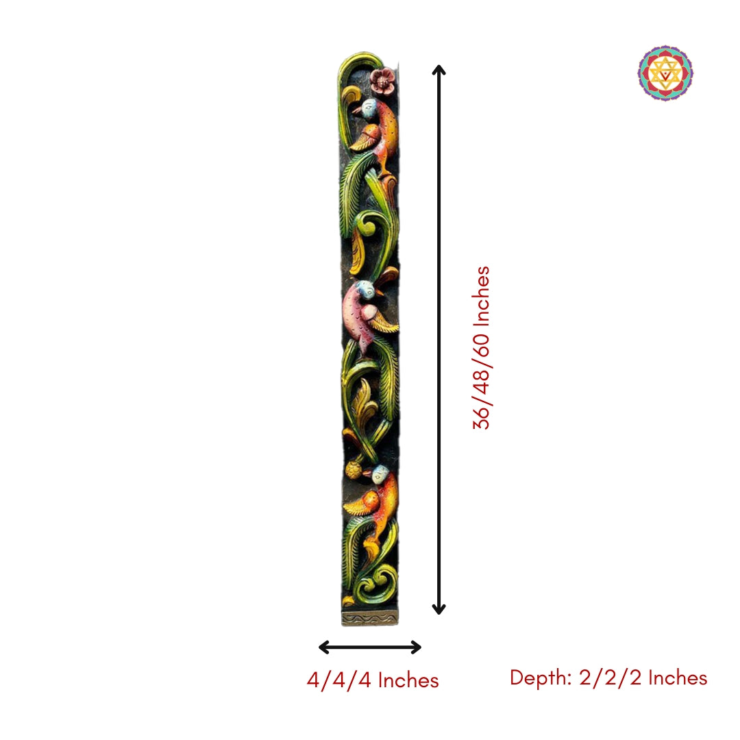 Vertical wood paneling with multicolour floral and bird carving with size and dimention