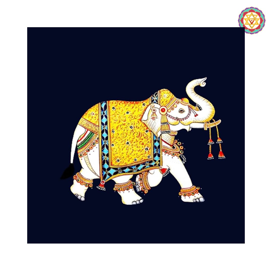 Closeup detailing of small Pichwai trunk up elephant painting