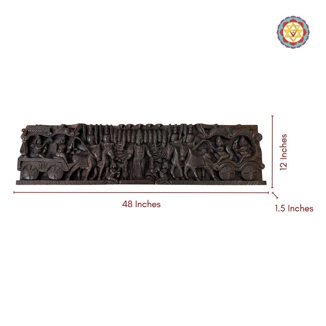 Intricately woodcarved horizontal panel depicting Lord Mahavishnu as Krishna guiding Arjun on a chariot.