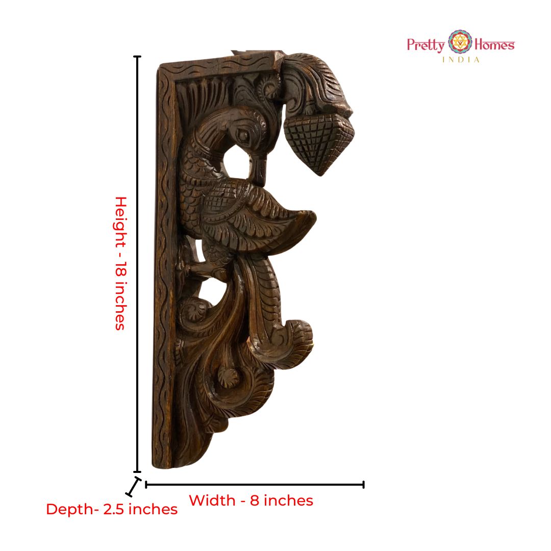 Handcarved Wooden Bird Bracket with Feather Detailing
