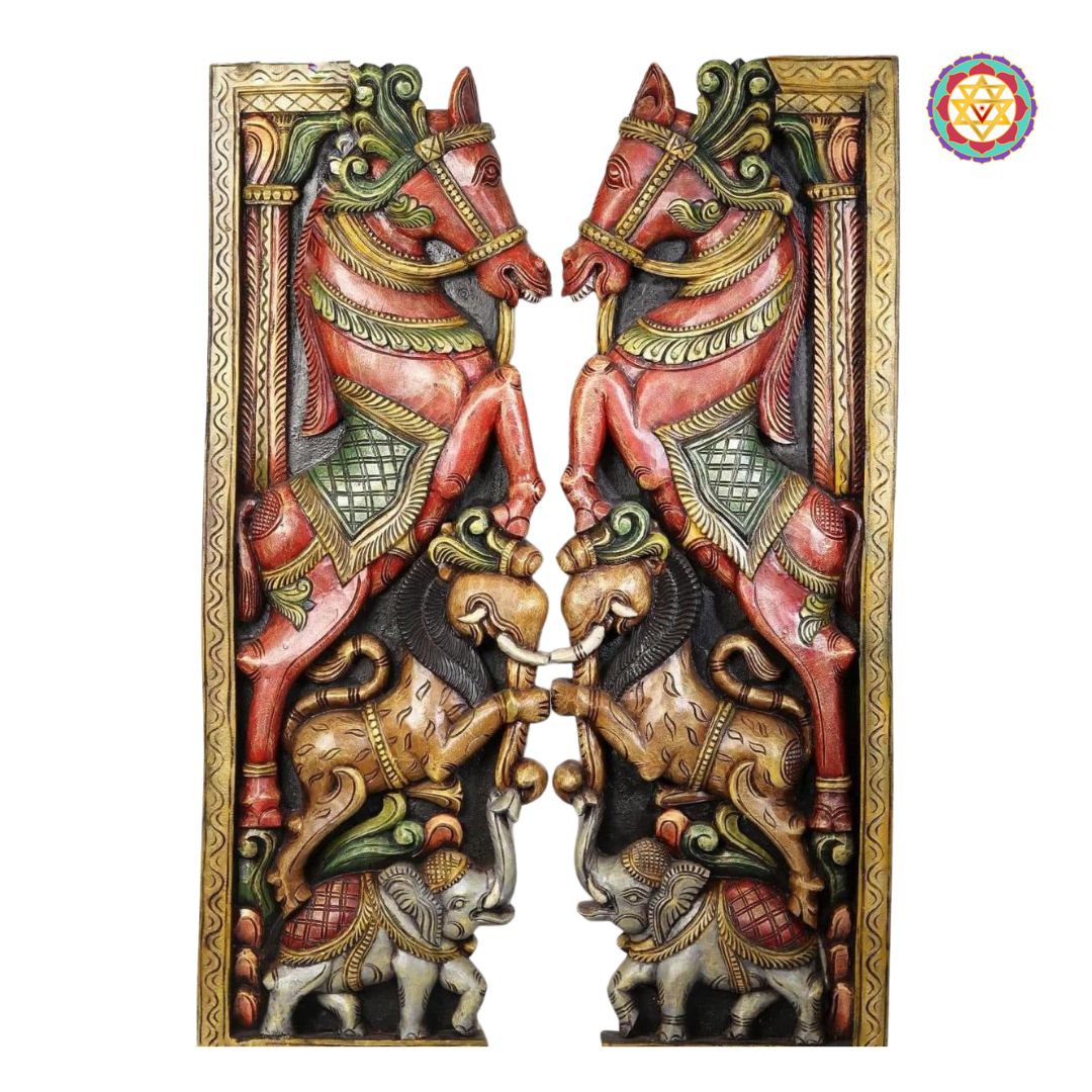 Multicolour wood panel – horse with traditional carving