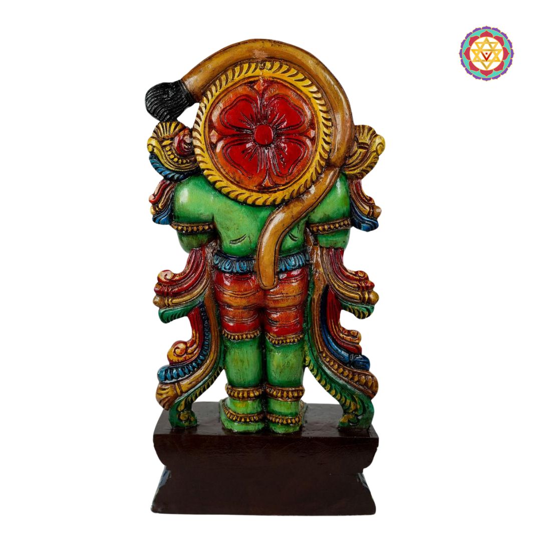 This handcrafted standing Lord Hanuman statue, carved in Vagai wood, denotes to Indian artistry and culture .