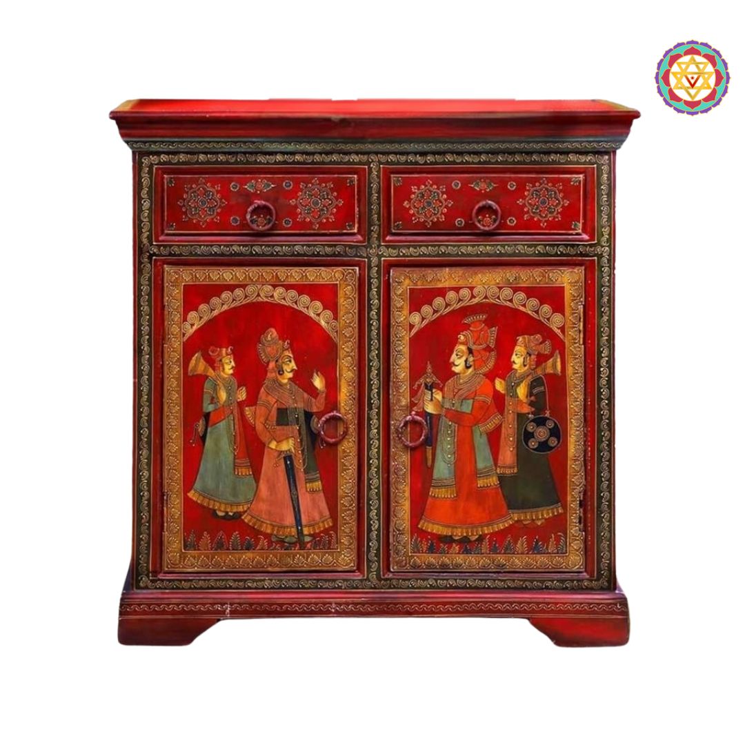 side view of royal themed artwork on wooden cabinet
