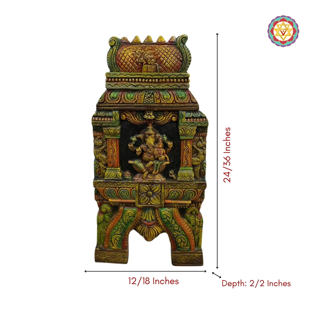 Woodcarved Ganesha and Laxmi Kavadi Panel.Temple Gopuram style wall hanging