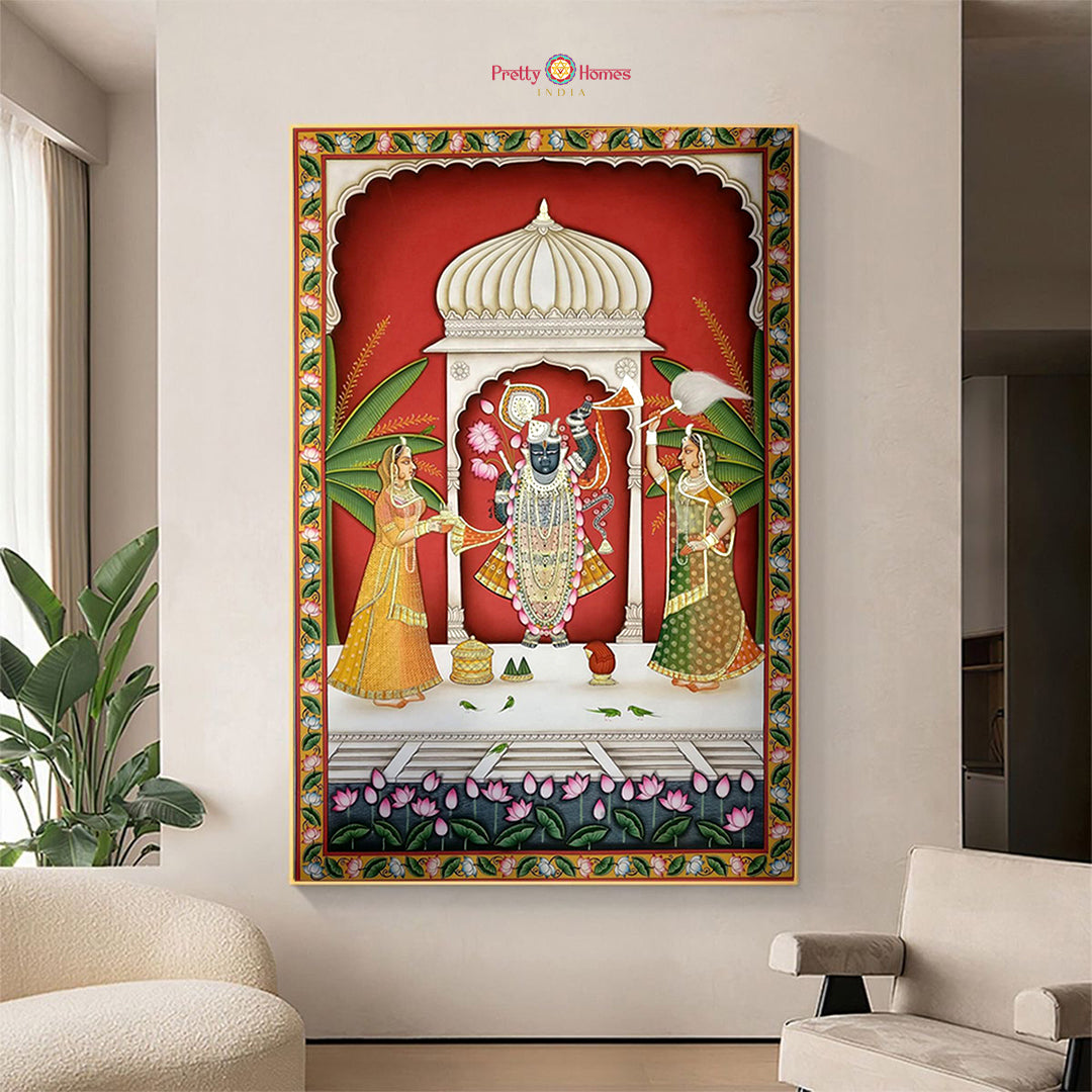 hand-painted shrinathji darshan pichwai artwork showing lord shrinathji in ornate temple archway with intricate detailing