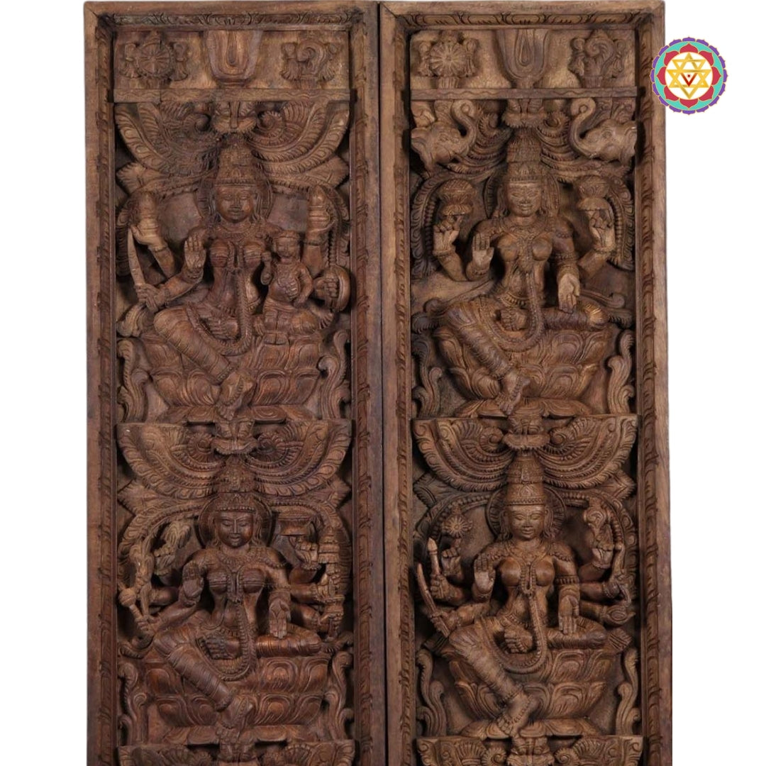 Sculpted wooden Ashtalakshmi with floral motifs