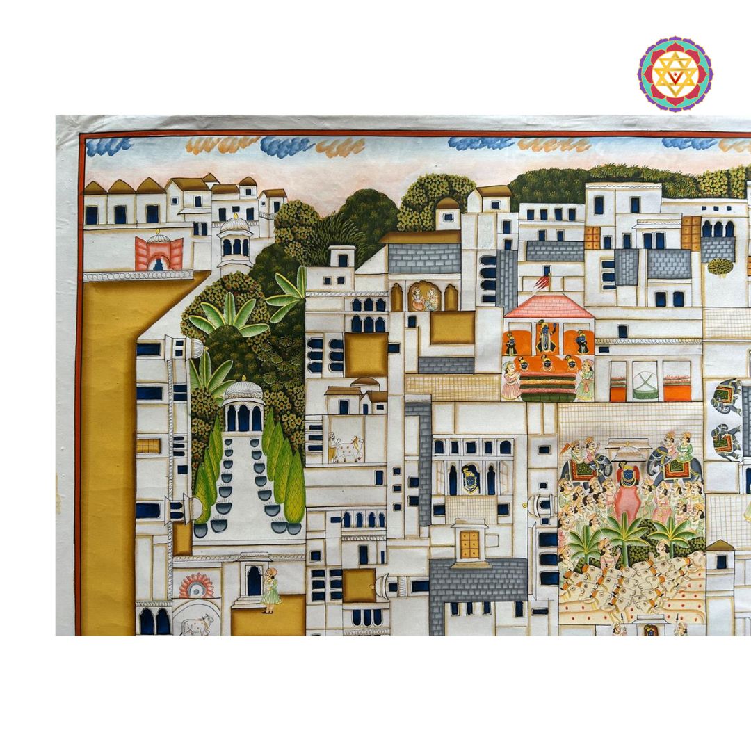 detailed perspective of thakurji bhavan pichwai showing layered shading and textures