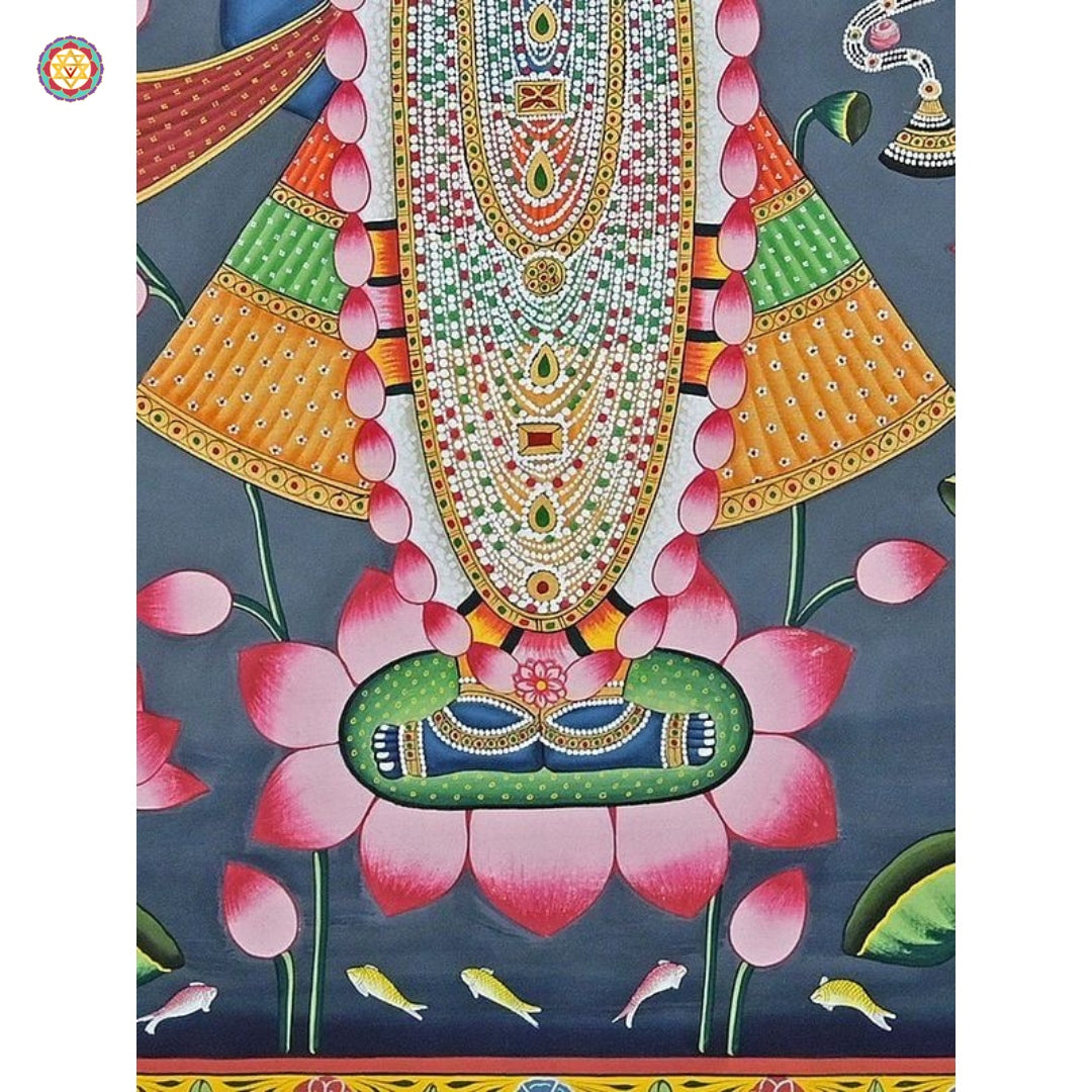 Angled view of Shrinathji in Kamal Talai — hand-painted traditional Pichwai with lotus and cows, sacred wall decor