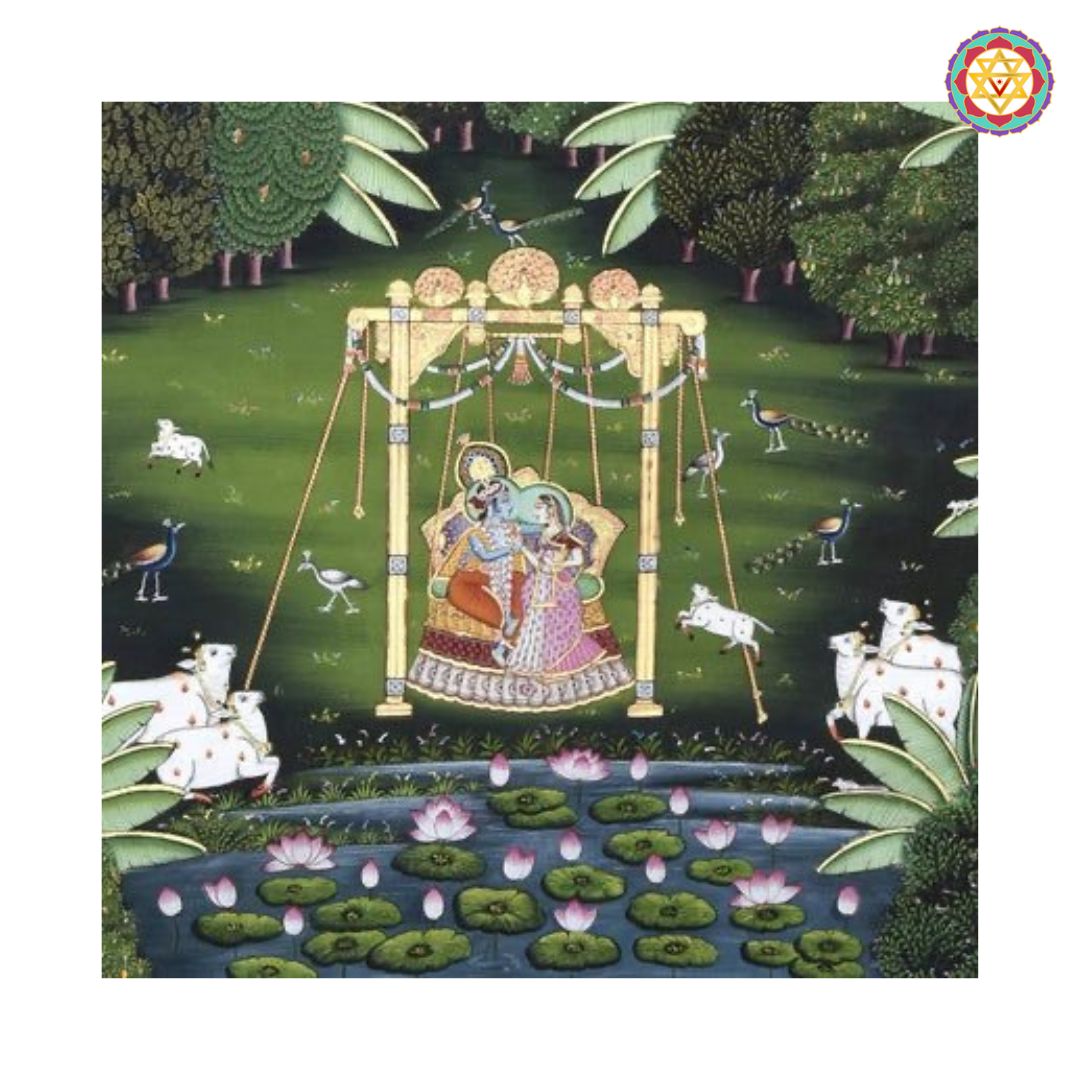 large handpainted pichwai krishna radha on swing in forest angled view highlighting brushwork and intricate border painting
