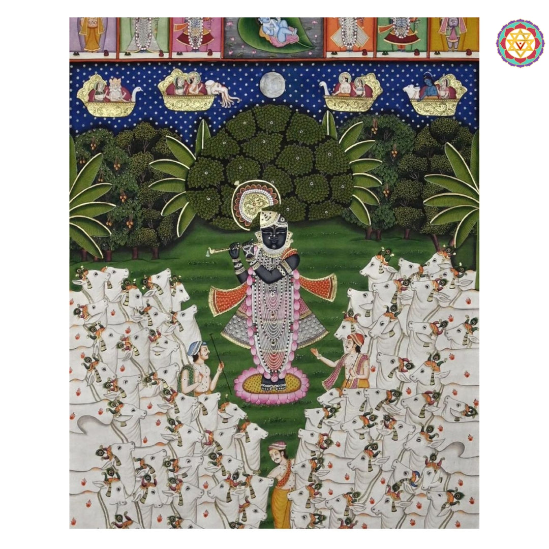 Rows of sacred pichwai cows along the side of Gopashtami hand-painted artwork.