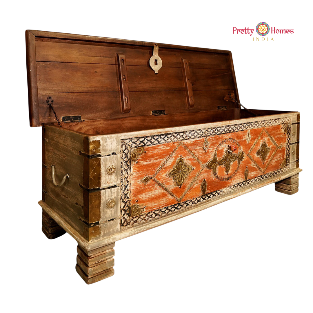 Rustic Red Wood-Carved Storage Trunk / Coffee Table with Brass Work