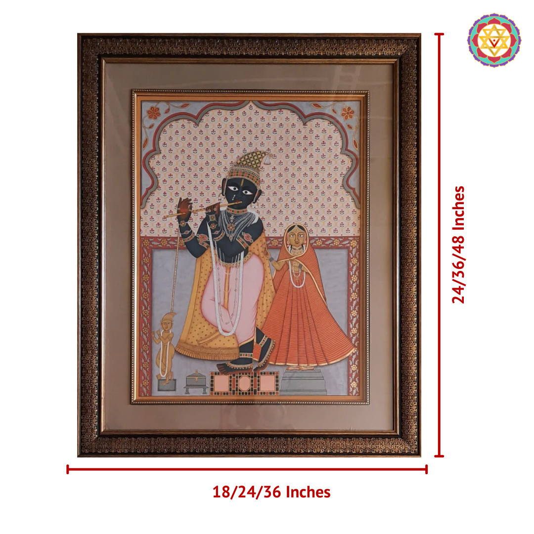 A beautifully hand-painted depiction of Radha and Lord Govind, celebrating divine love and spiritual harmony.