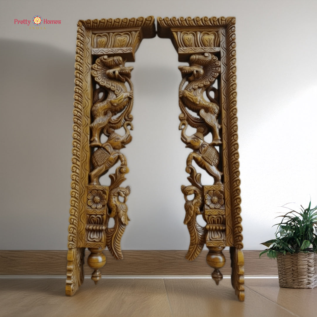 3-Foot Yali Panel with Elephant & Peacock – Bodhil Style Carvings ( single ) - Set 2 Pending for Main Image