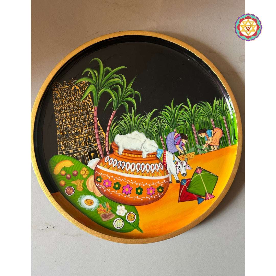 south indian festival themed wooden decor plate celebrating harvest