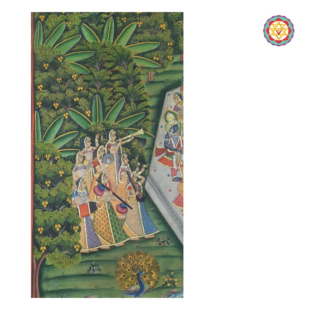 antique-style hand-painted pichwai depicting raas leela, krishna dancing with gopis in moonlit setting