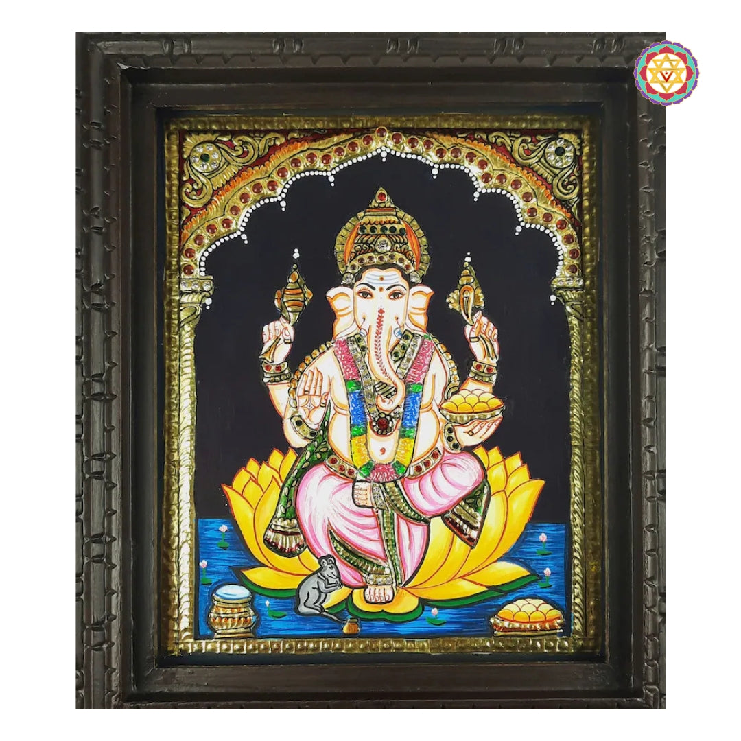 Antique-style Tanjore painting of Lord Ganesha in blessing posture and gold arch