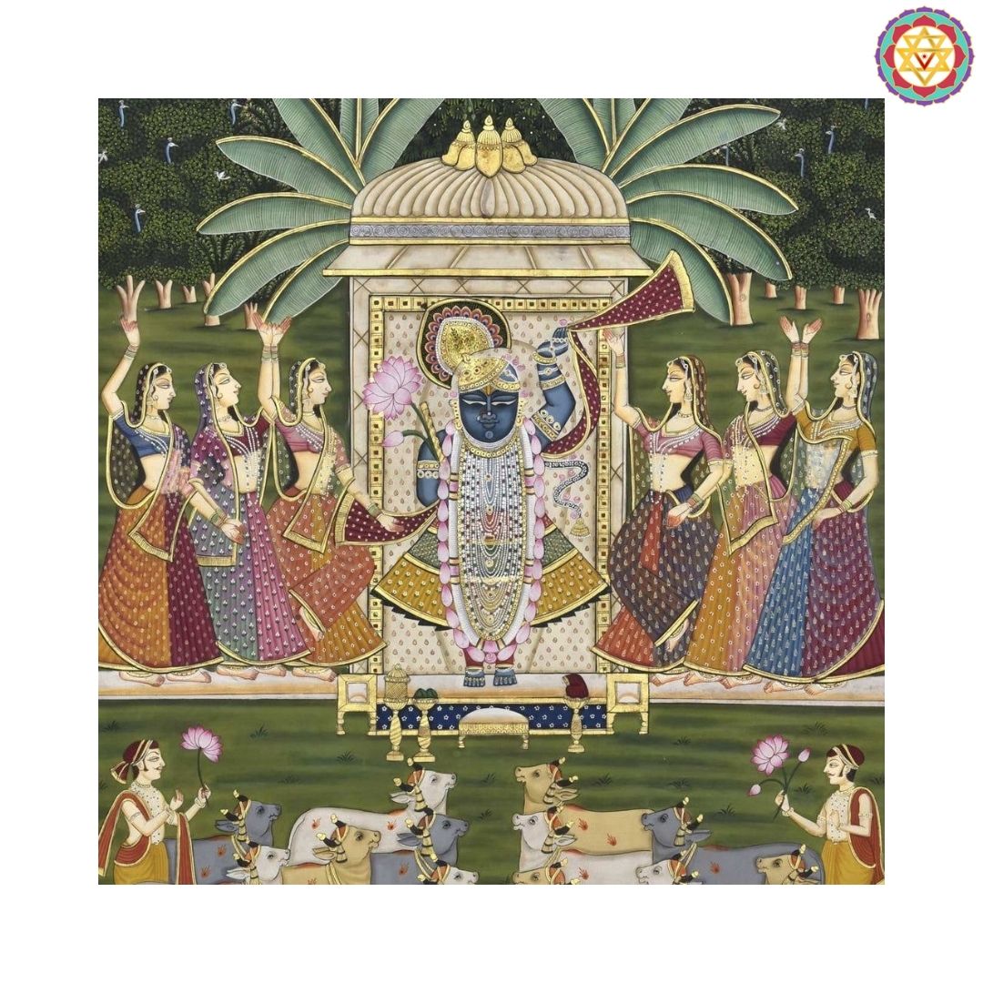 five foot shrinathji pichwai angled view showing festive elements