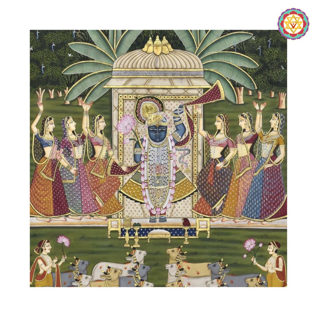large traditional handpainted pichwai sharad scene with intricate border close-up highlighting figures and decorative detailing