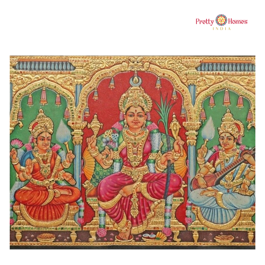 Vintage Finish Goddess Tripura Sundari / Lalitha Devi with Saraswati & Lakshmi Tanjore in Real Gold
