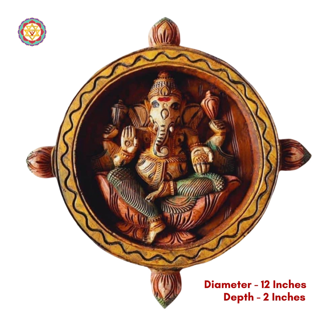 Artistic round wood carving of Lord Ganesh for living room