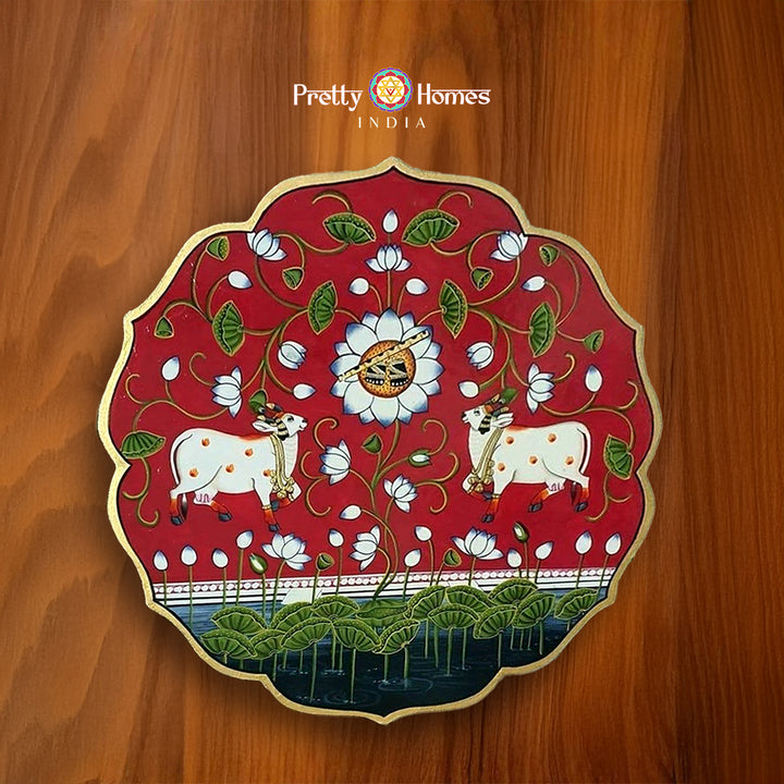 Hand Painted petal shaped -wall plate pichwai cows with lotuses plate, pichwai painting in joyful palette, hand-painted wooden plate for Indian wall decor