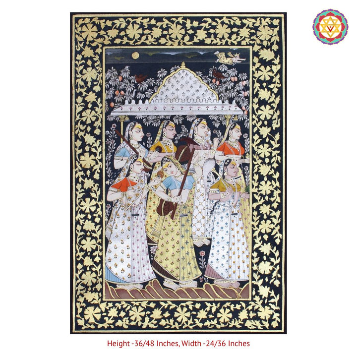 handpainted horizontal pichwai vintage style shrinathji darshan with intricate peacock border full artwork showing peacock border and central deity