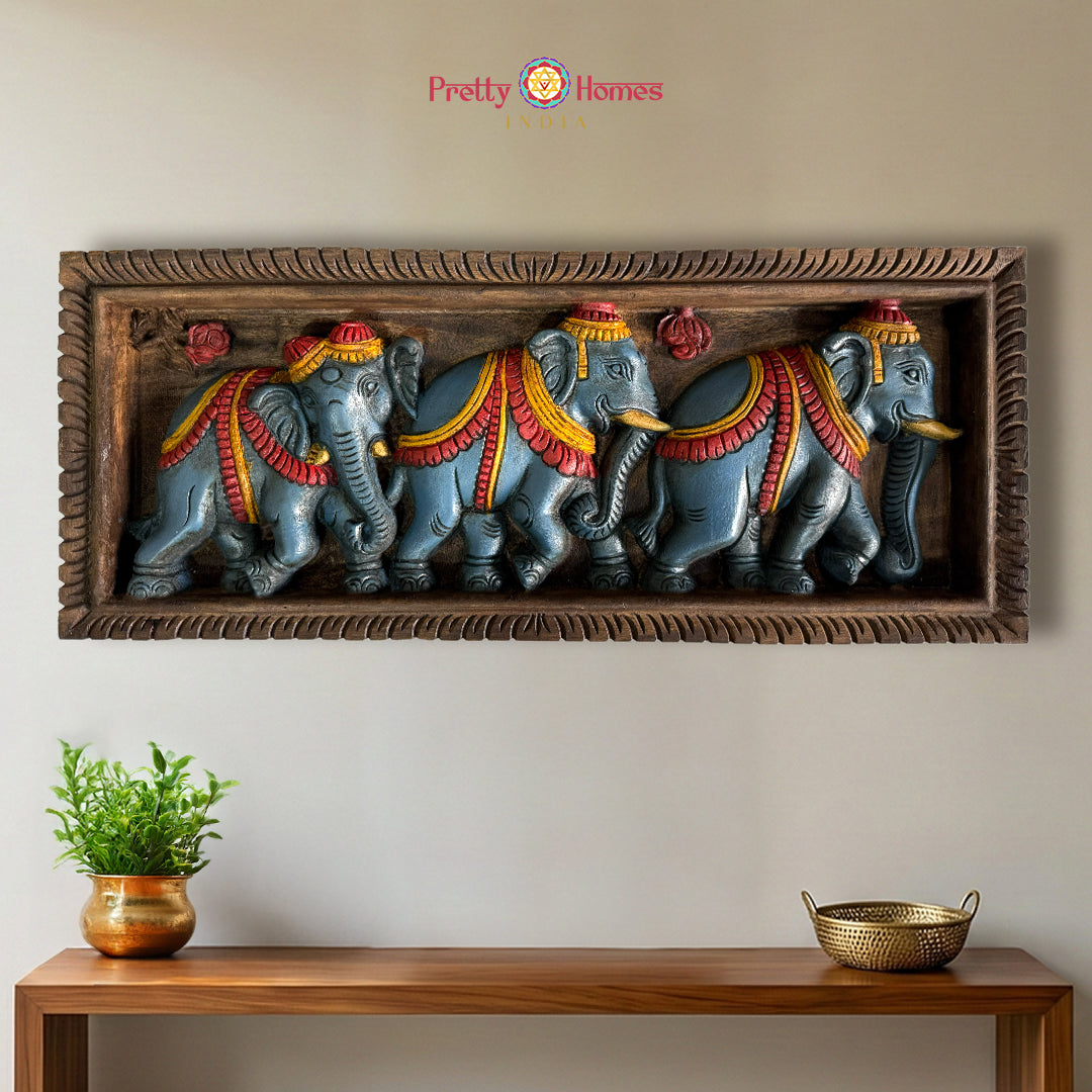 Hand carved Balaji wood wall decor with elephant family panel
