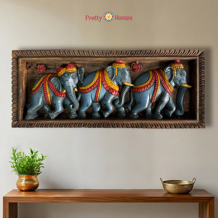 Hand carved Balaji wood wall decor with elephant family panel