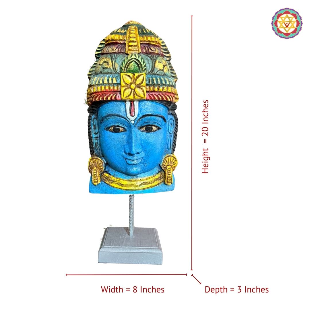 Back angle of carved Vishnu mask mounted on wooden stand