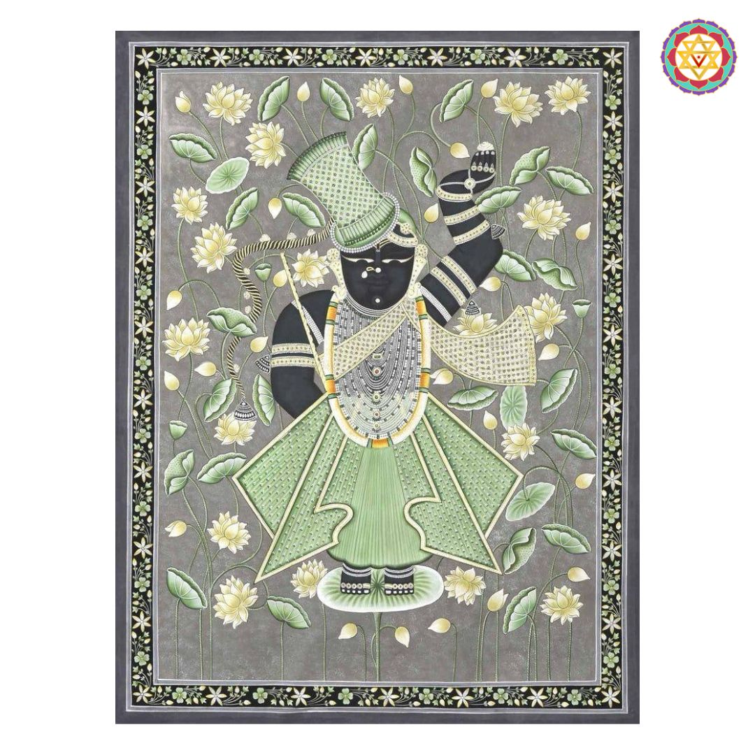 Traditional pichwai artwork featuring Shrinathji in lotus setting