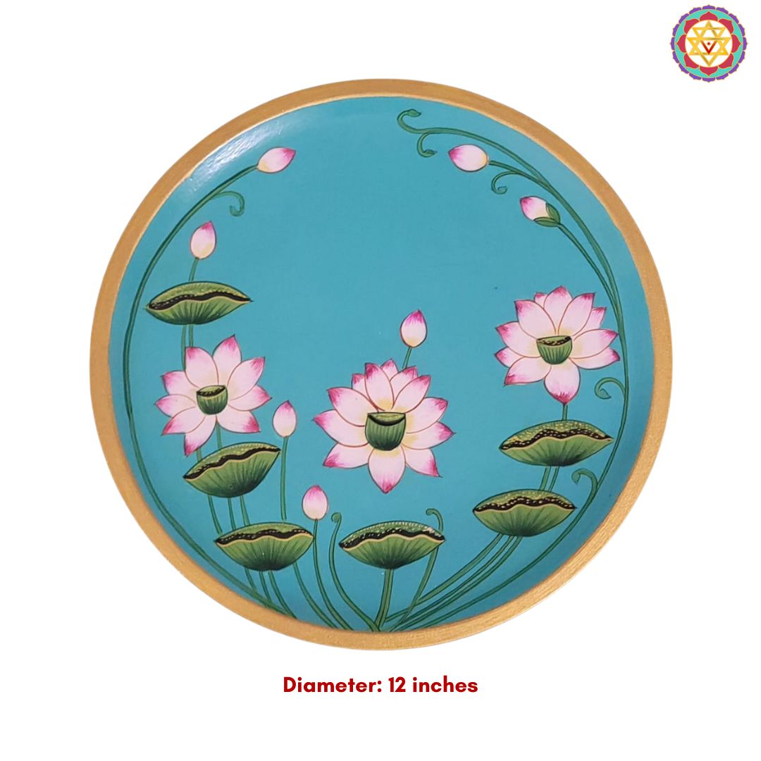 pichwai handpainted wall plate lotuses and leaves single decorative wooden plate