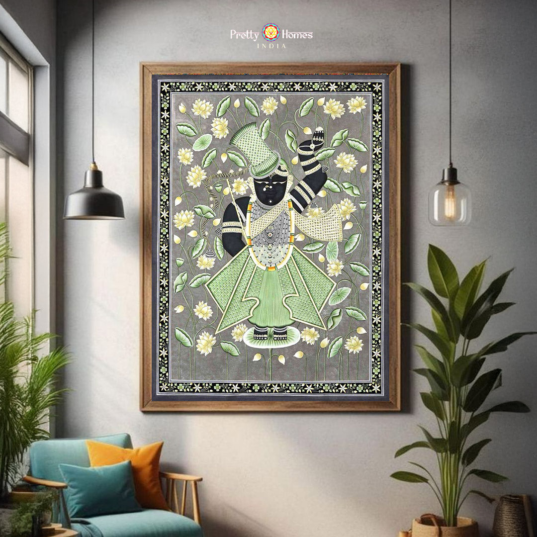 Shrinathji pichwai painting with lotus pond and soft aesthetic tones