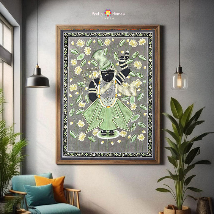 Shrinathji pichwai painting with lotus pond and soft aesthetic tones