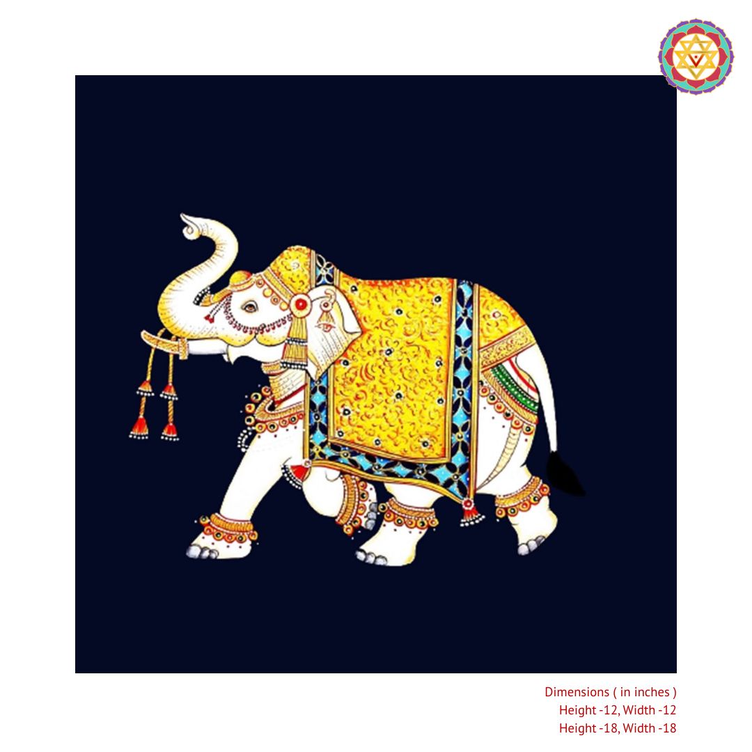 Angle view of small handpainted Pichwai trunk up elephant