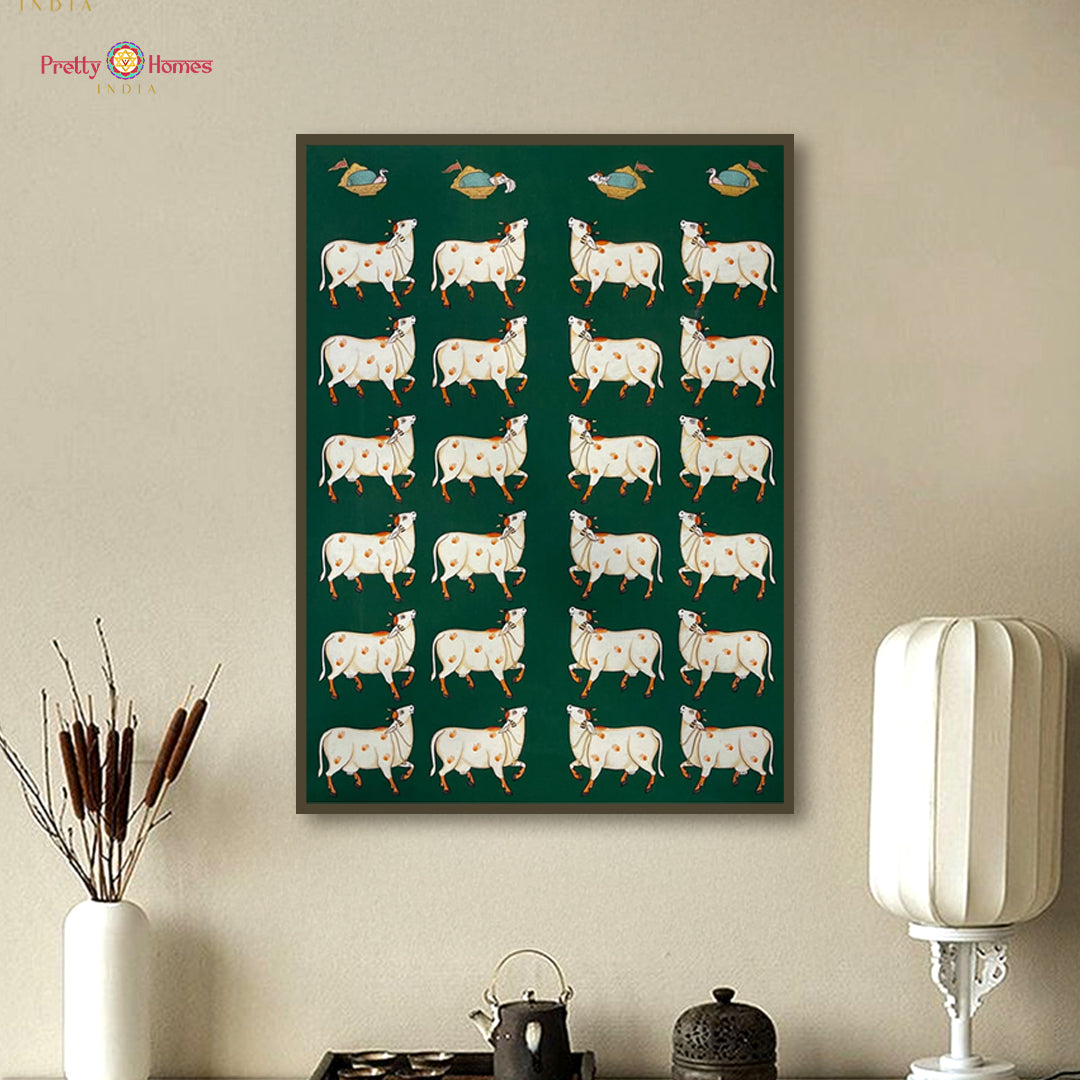 Green background variation of pichwai cow painting in a clean living space.
