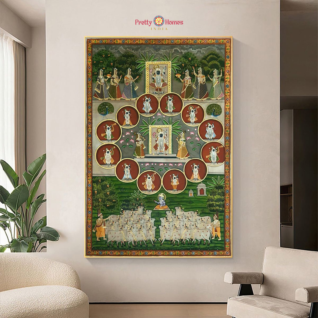 Hand-painted shrinathji pichwai painting displayed in modern living room, antique darshan artwork.