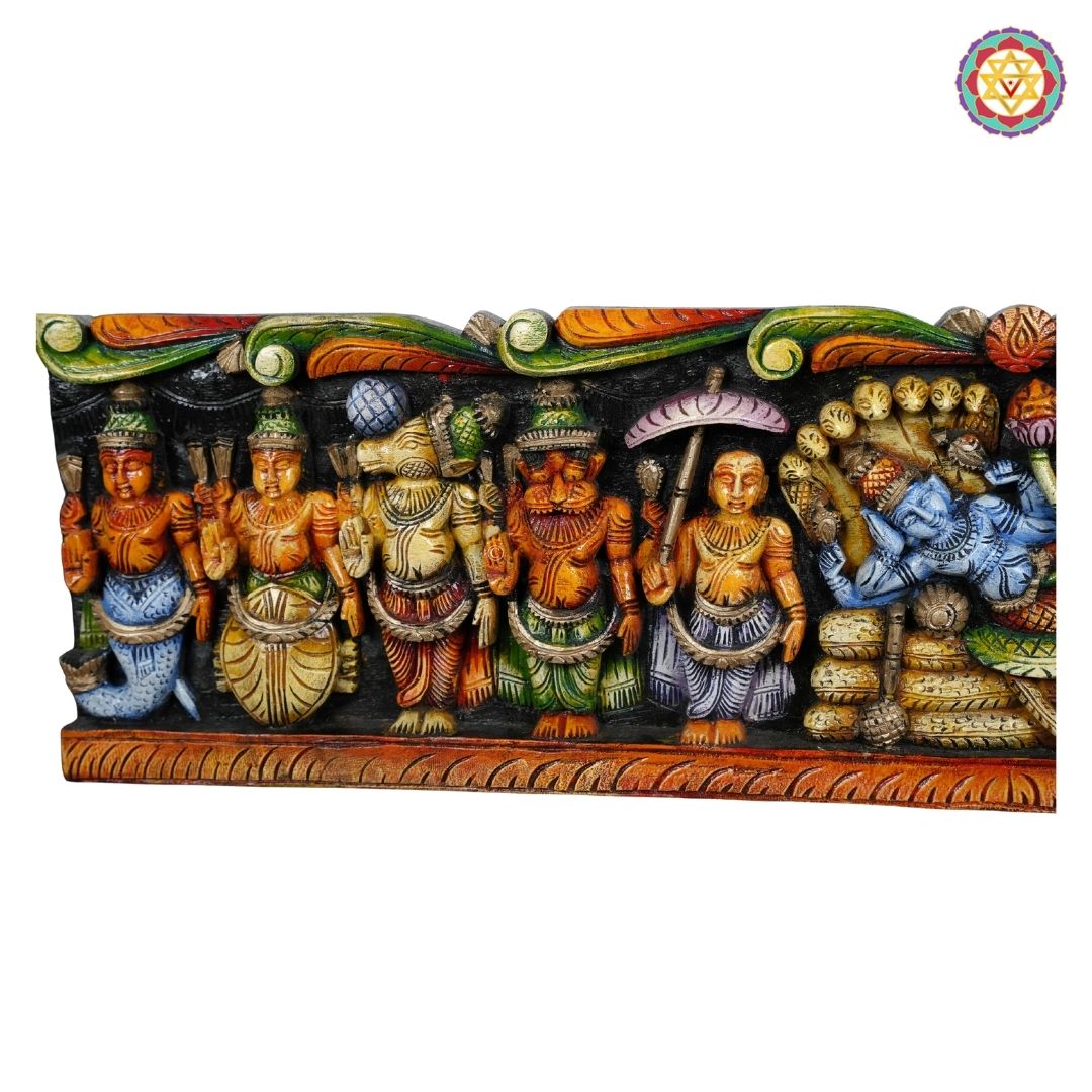 Horizontal Woodcarved Dasavatar Panel with Resting Vishnu – Wall Mountable Decor