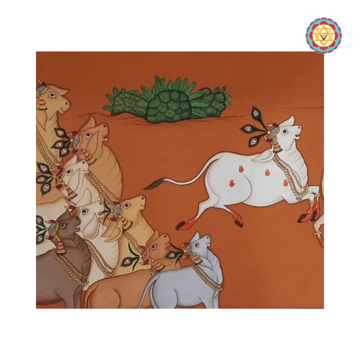 Vintage pichwai painting with joyful cows  orange tones.