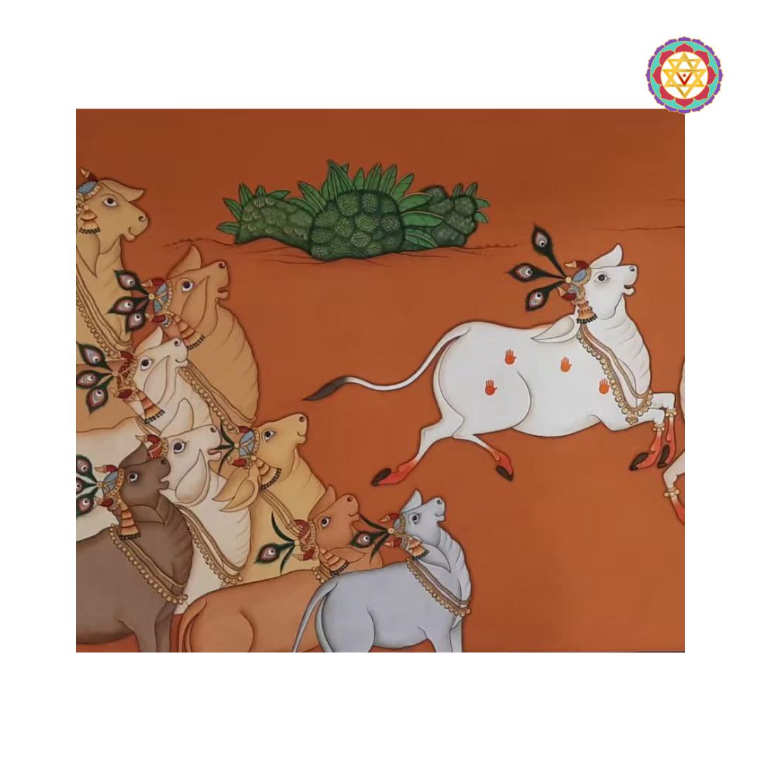 Vintage pichwai painting with joyful cows  orange tones.