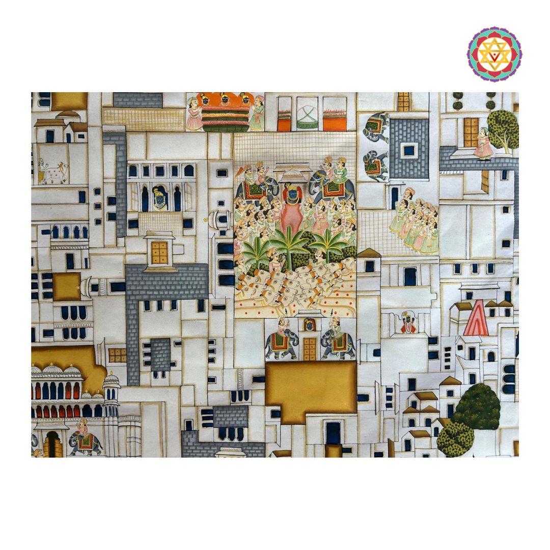 rolled canvas view of thakurji bhavan pichwai highlighting artisan craftsmanship