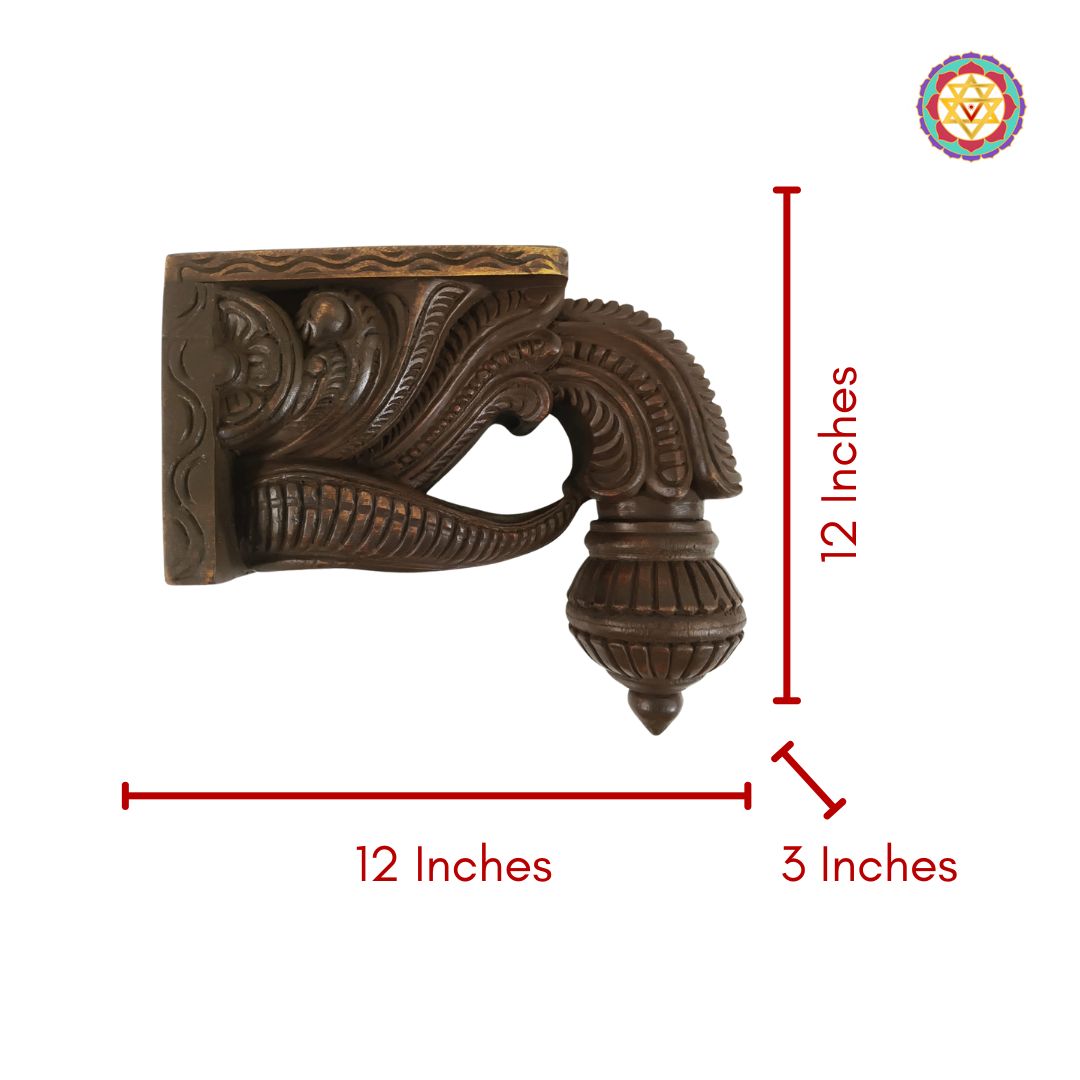 Decorative metal bracket with dimensions on a white background. “Traditional carved wooden wall bracket with wooden polish”