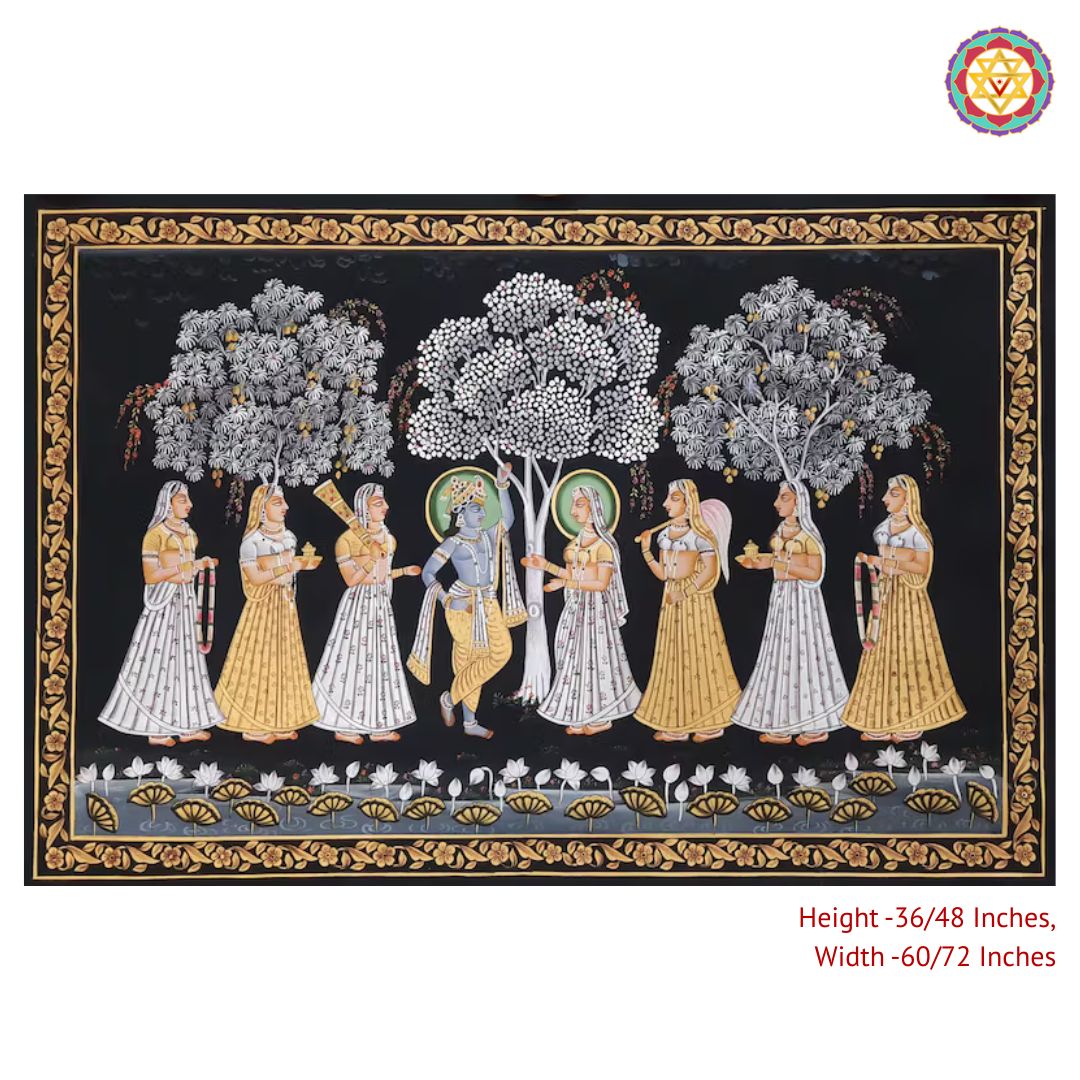 Horizontal Handpainted Pichwai – Radha Krishna with Gopikas Under Moonlight
