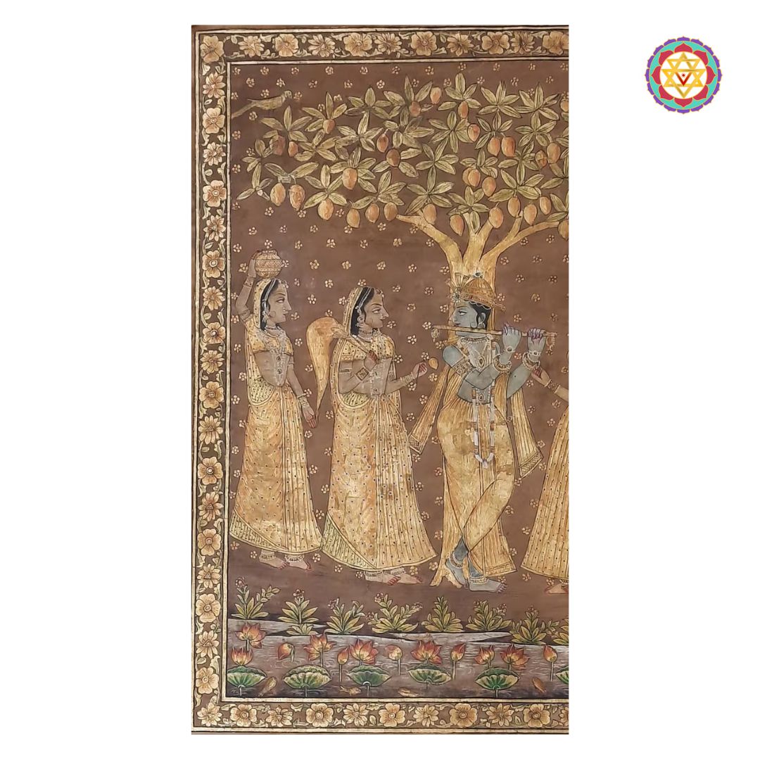 Handpainted Vintage-Style Pichwai – Flute Krishna with Gopikas
