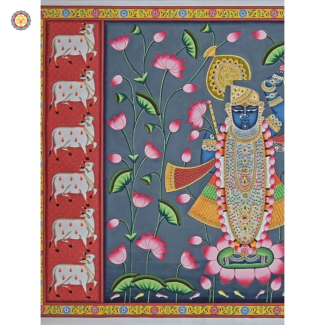 Front view of Kamal Talai Pichwai — detailed depiction of Shrinathji surrounded by cows and lotus pond elements