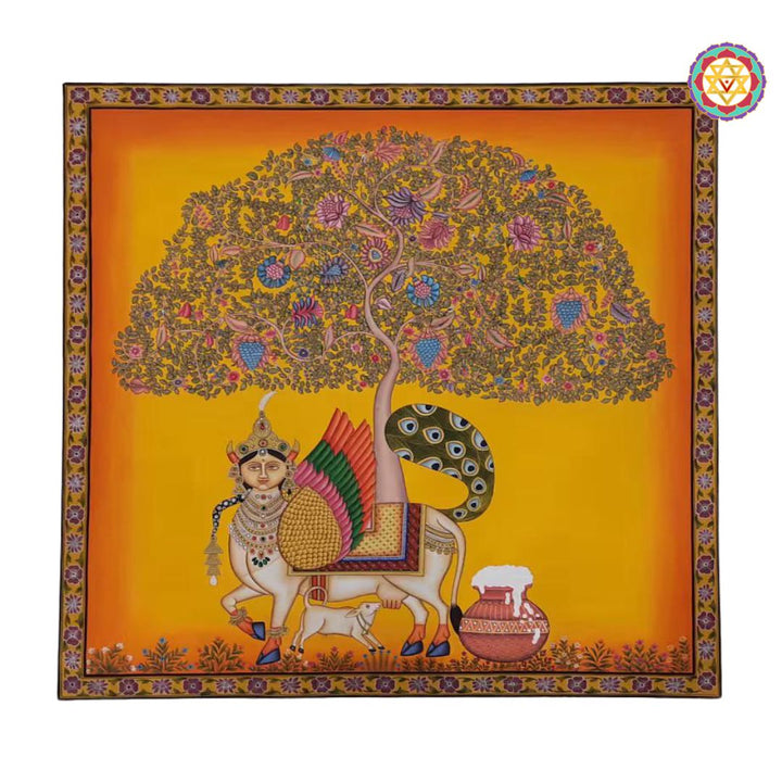 kamdhenu cow with ornate detailing in pichwai tree of life artwork